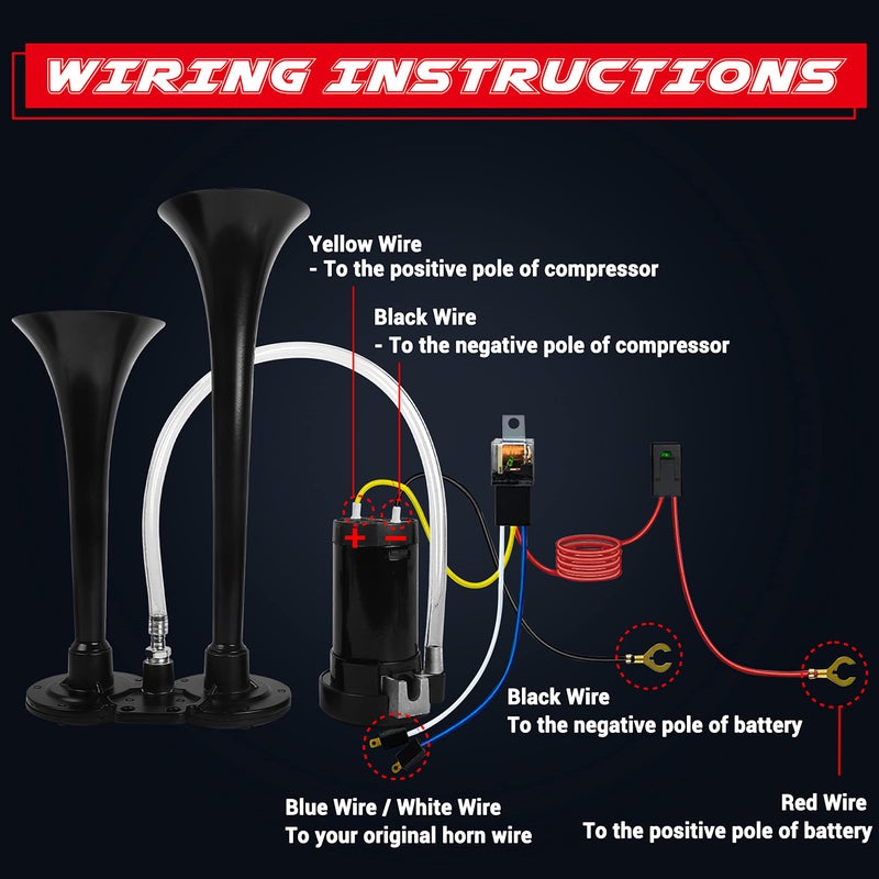 CARFKA Air Horn for Truck Boats Car, 150DB Super Loud Train Horns Kit with 120 PSI Air Compressor (black, Dual) - Image 5